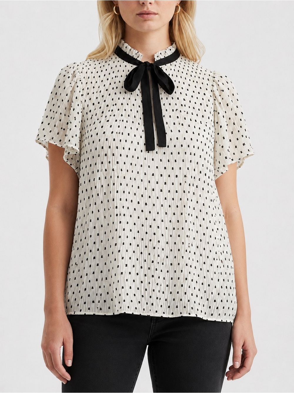 Max Studio Cream Blouse with Black Polka Dots and Tie Neck Size XL